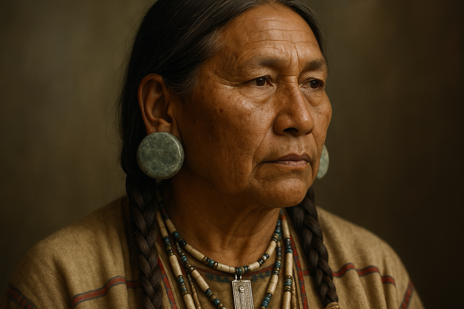 Native American with stone gauges